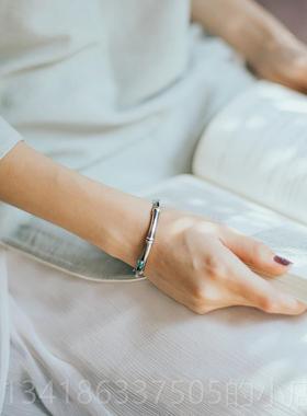 正品情手镯女复古中国风做旧竹实心知足常乐平安999银纯银侣手镯