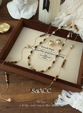 长款北欧风落日余晖美拉德天然虎眼石串珠项链女士淡水珍珠89+5cm