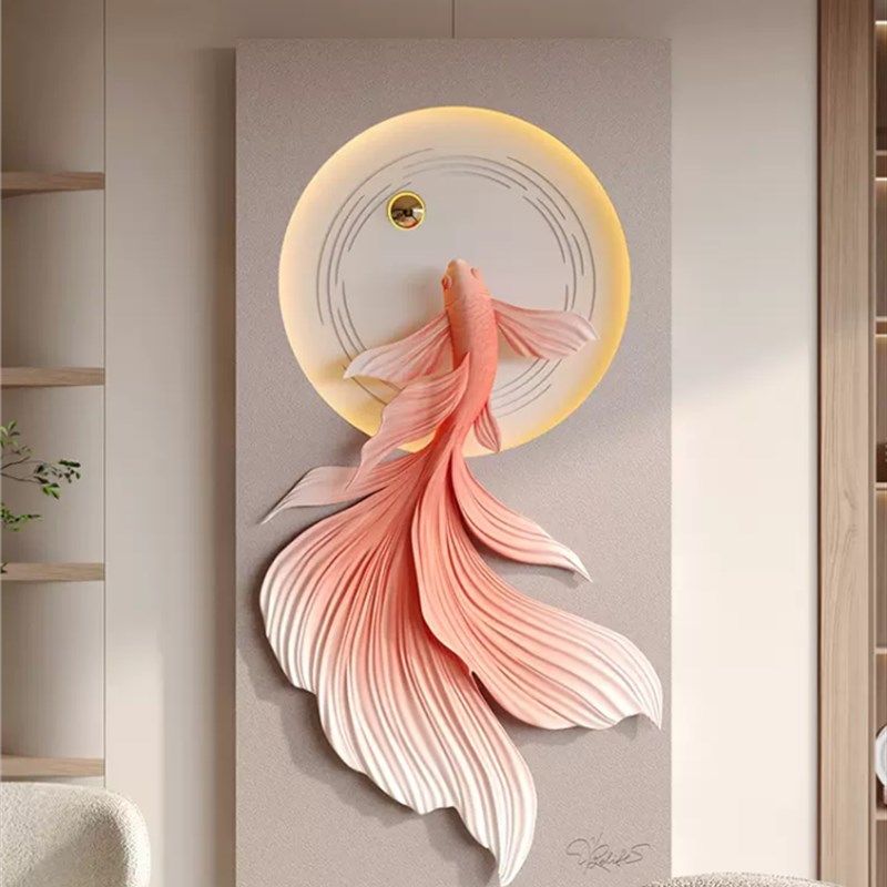 玄关九鱼图立体浮雕装饰画带灯简约现代轻奢高档入户走廊过道挂画,淘宝优惠券,粉丝福利购,淘宝优惠卷