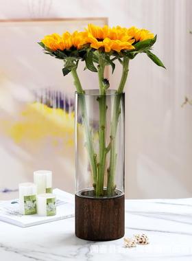 简约直筒木墩透明玻璃花瓶原木圆柱富贵竹装饰品水养插花干花摆件