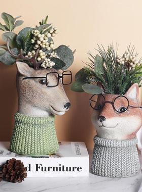 树脂庭院花园动物花盆花瓶摆件园林家居装饰品猫头鹰鹿桌面工艺品
