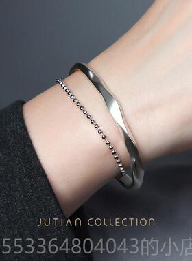 高档JUTN手镯女纯银iAns潮年轻款简I计约不规则设哑光百搭银手饰