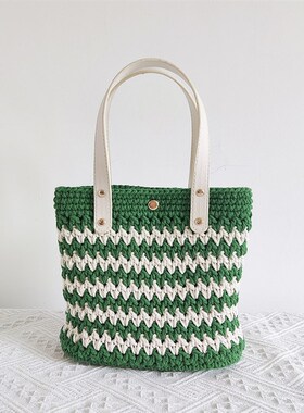 团宝手作DIY自制成品手工编织毛线撞色波浪纹手提包包钩织材料包