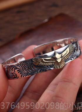 新款S25银复古手工手银高桥吾郎风9格老鹰唐草男潮个人性男士镯子