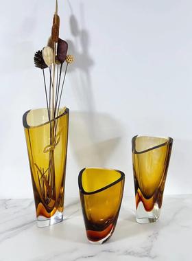 创意琉璃茶色三角切口玻璃储水花瓶摆件插花玄关桌面家居装饰花器