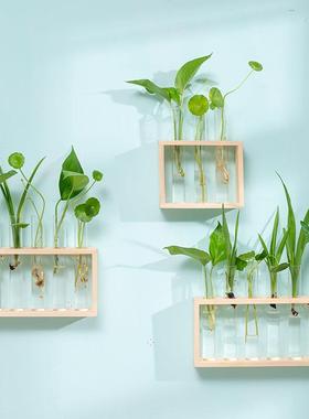 简约北欧试管玻璃花瓶摆件 创意木架水培植物容器家居桌面装饰品