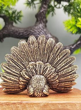 黄铜孔雀开屏桌面小摆件铜孔雀茶宠摆件手把件微观造景装饰小摆件