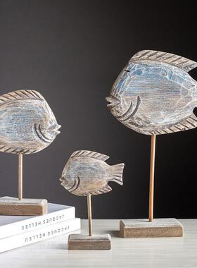 海洋风格实木手工雕刻鱼摆件地中海桌面摆设样板房软装电视柜摆台