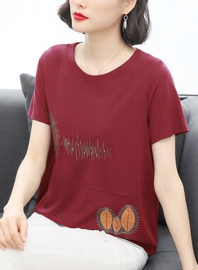 含棉中年妈妈装绣花短袖t恤女大码2023夏新款潮韩版宽松女士上衣
