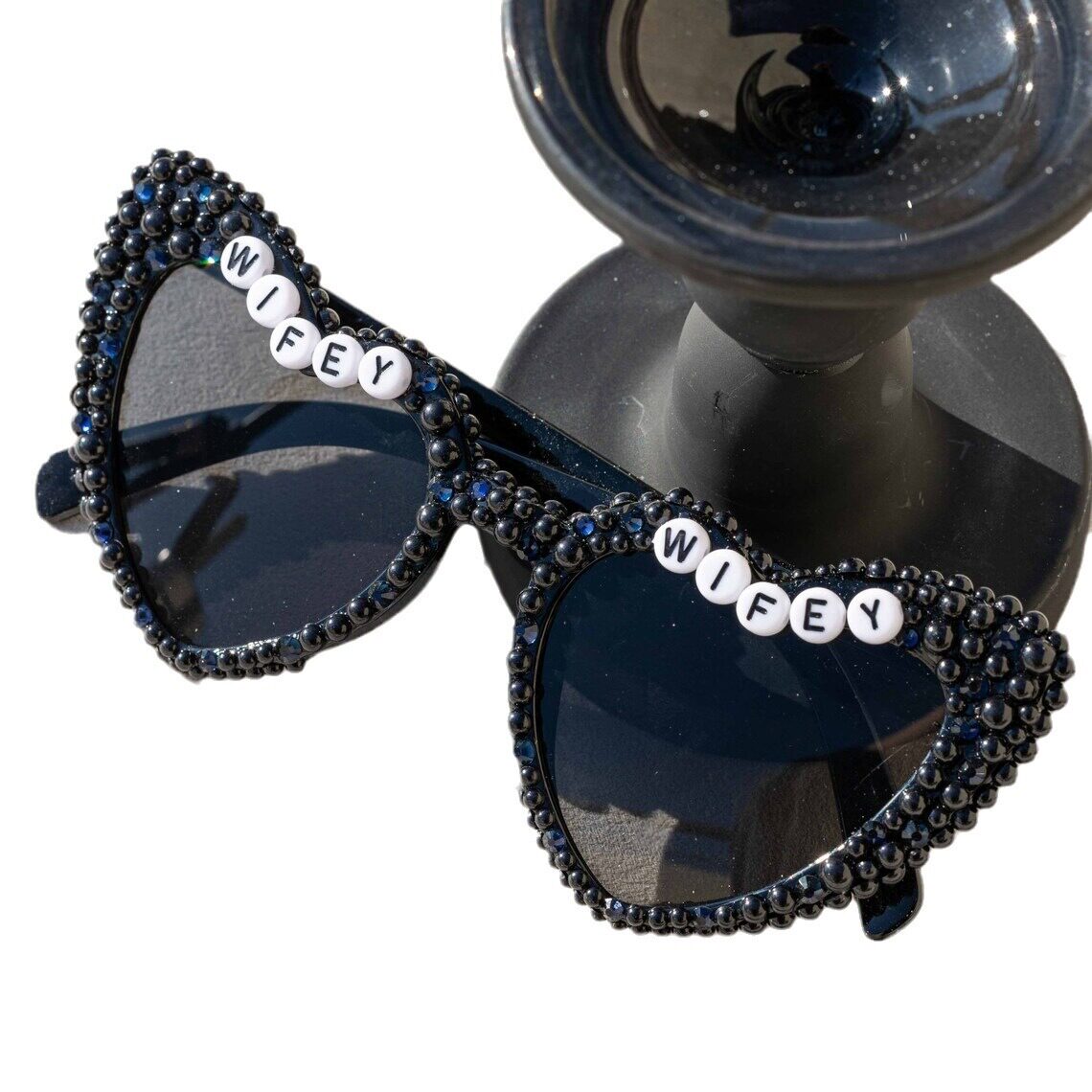 Wedding party bride black pearl love sunglasses