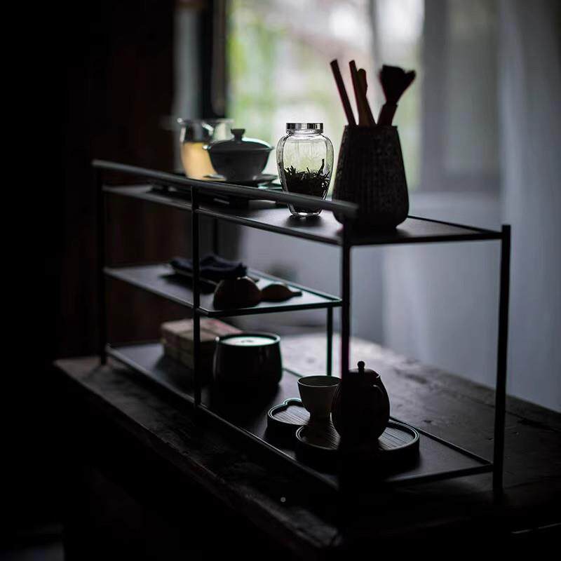 Iron art exhibition tea shed black Bogu rack tea set storage Japanese tea shed display tea rack room tea space desktop tea cabinet