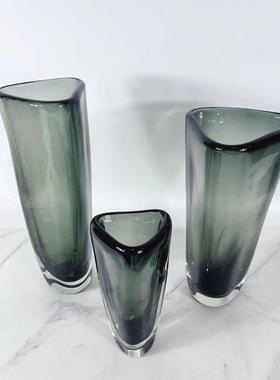 墅现代简约灰色厚重水晶玻璃三花瓶板样房客厅5834角别玄关办公桌