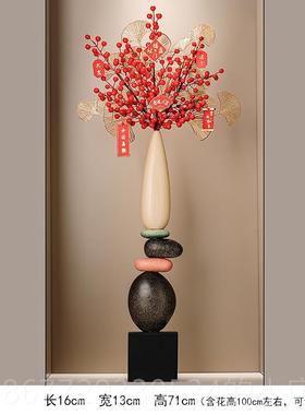 高档门玄关造景迎客松石来运转花摆件客厅新中细式长高装瓶饰入工