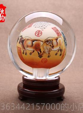 高档五牛件图牛年摆意礼品色中国创风内画球送领导特办公室桌面