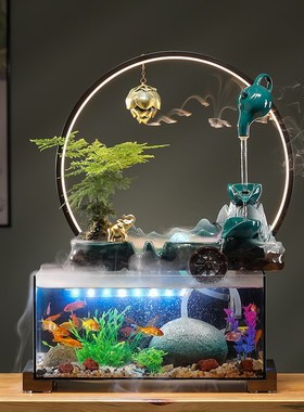 流水摆件办公室桌面鱼缸客厅景观水循环生财鱼缸开业礼物自带过滤