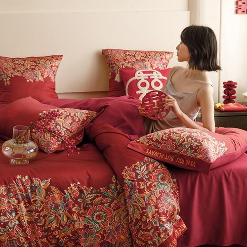 新中式印花结婚四件套2025新款红色床单纯棉被套婚庆床上用品婚嫁 - 图2