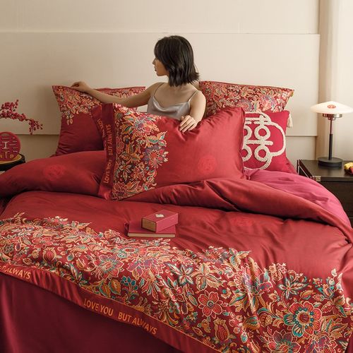 新中式印花结婚四件套2025新款红色床单纯棉被套婚庆床上用品婚嫁 - 图1