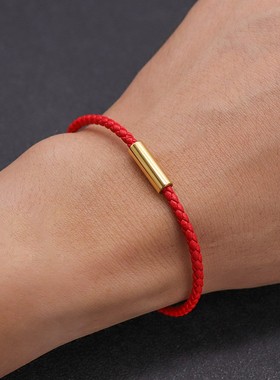 日韩简约红色皮绳编织手链民族风本命年情侣手环可穿珠子定制刻字