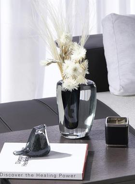 极简意式轻奢烟灰色玻璃透明简约现代客厅餐桌电视柜旁花瓶插花