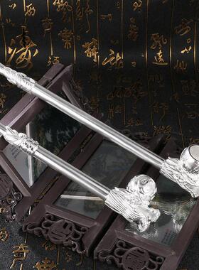 霸气龙头旱烟杆黄铜烟斗黄铜镀银老式烟嘴过滤式铜工艺品收藏摆件