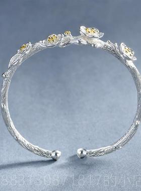 正品气质中国风设计约简清新925S纯银枝干樱花手镯女口手环文艺开