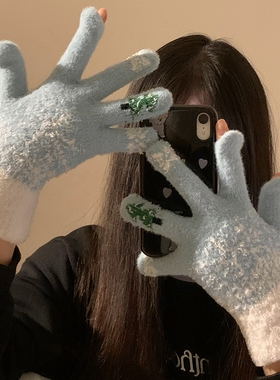 可爱雪花圣诞节露指触屏毛绒针织五指手套女冬季保暖加绒加厚防寒
