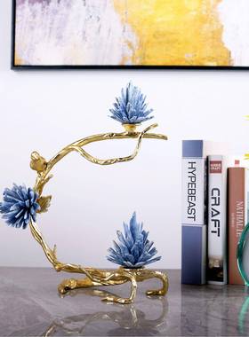 奢件W0249蓝色天然石鸟轻语饰花香摆金属新中式客厅电视柜家居软