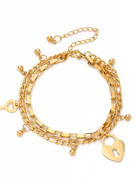 圆珠费加罗链十字链方形链的双层手链爱心锁钥匙扣吊坠不锈钢手链