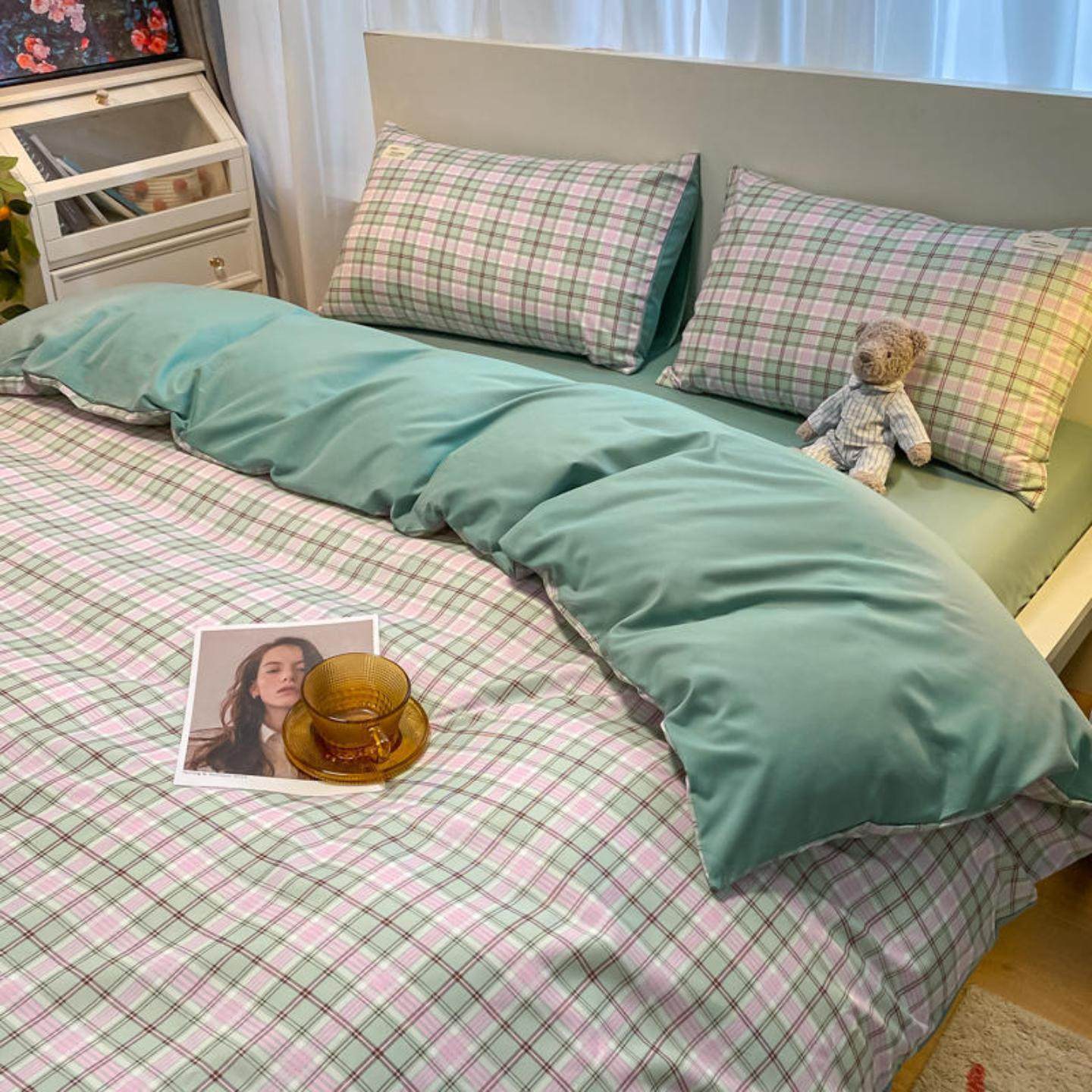 新款水洗棉磨毛纯棉四件套格子亲肤学生宿舍单被套床笠三件套,淘宝优惠券,粉丝福利购,淘宝优惠卷