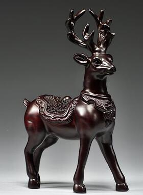 黑檀木雕梅花鹿摆家件居客厅实木麋一对工艺桌鹿面摆FJR01187设酒