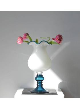 法式中古柔光兰拼玻璃LAS铃花瓶蓝色奶油白手工灯插花风装饰品摆