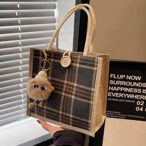 上班式包包女时尚亚麻帆布包女洋气百搭单肩手提袋子 - 图1