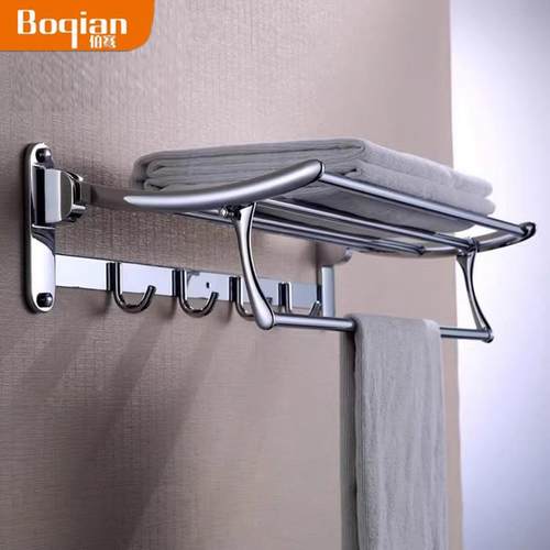 D8T国架不锈钢浴巾架折叠带钩毛巾卫生间置物架PJR浴室五德金挂挂 - 图0