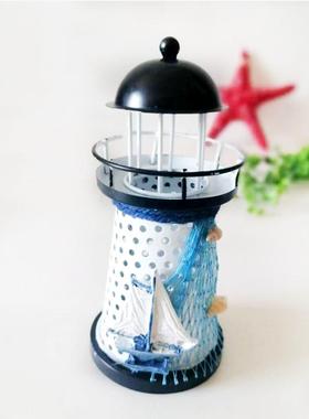 地中海灯塔摆件家居桌面摆饰小号 LED灯烛台铁皮圆孔海洋风摆件