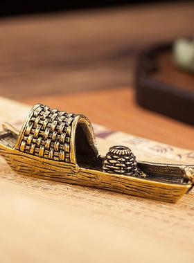 黄铜禅意小船小舟个性小摆件黄铜香插复古铜器纯铜渔船桌面摆件