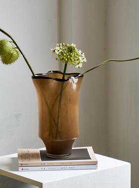 中古家风黑边BXV2431创意褶手工大口咖色瓷玄皱粉琉璃花瓶关居台