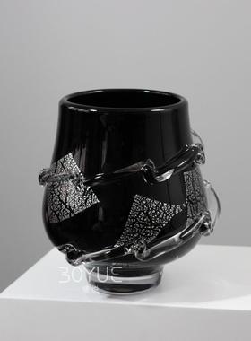 轻奢现代极简黑色玻璃客花RZH瓶样板间售楼处缠厅餐厅黑色丝花插