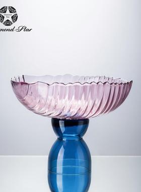 现代简约粉蓝撞色彩色高脚口AL640842大径玻璃纹收竖纳果盘装饰