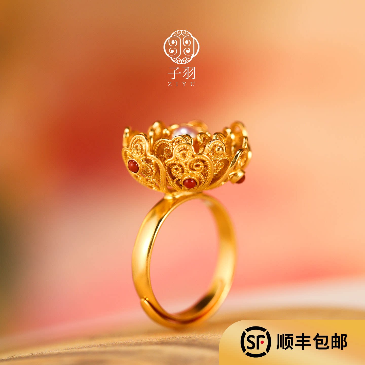 Intangible cultural heritage filigree flower ring for women