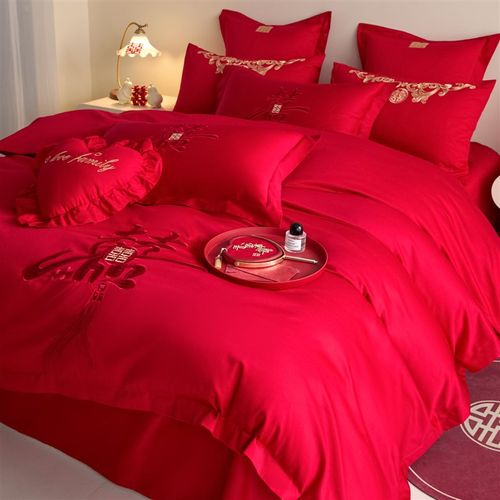 简约中式红色婚庆四件套结婚纯棉喜庆陪嫁被套新婚礼床上用品备婚 - 图1