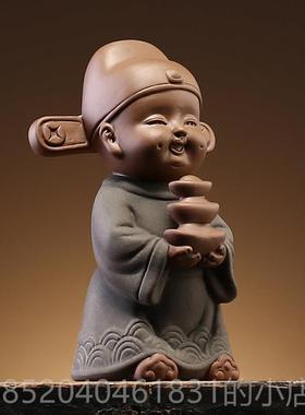 高档创财意紫砂招财手工子摆旺童件人物家居博古架办公室桌面装饰