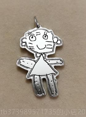 正品DIY项定做925银儿童涂鸦手绘案来刻字自画图男女情侣图订制创