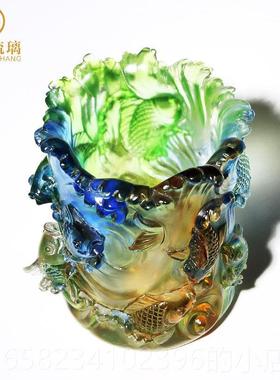 高档琉璃鱼轻笔筒办公室桌面装饰摆件送领导物生日礼高档实用奢创