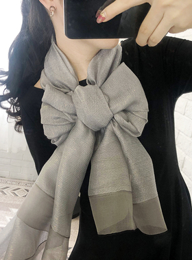 新款金线细条纹丝巾女秋季真丝韩版百搭纱巾防晒纯色围巾披肩春秋