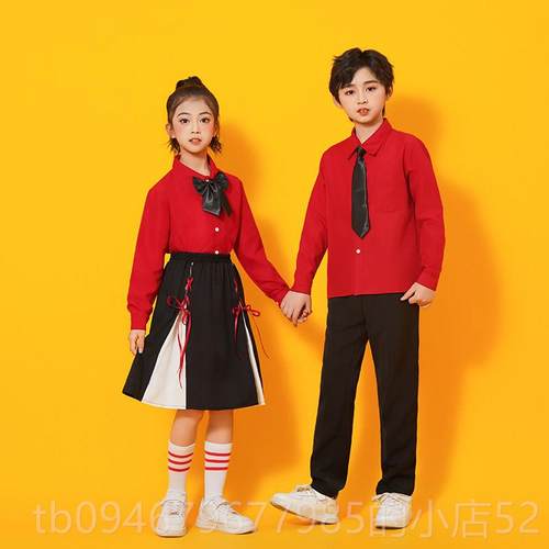 正品六一儿童红色衬衫演服中国风服男女童小学生合唱表班动运服演 - 图1