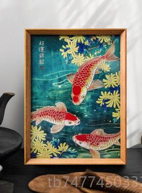 新款红色好运锦鲤鱼雕画 画桌装面摆件铜手饰工錾刻客厅画 画摆台