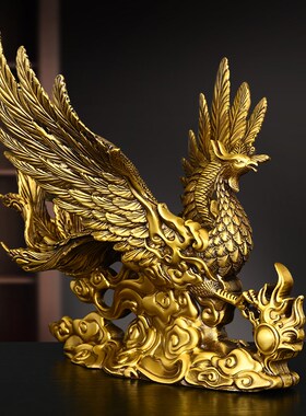纯黄铜凤凰摆件瑞兽展翅火凤凰呈祥家居客厅办公室工艺装饰品