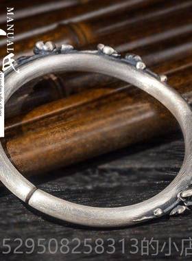 高档寸银实坊云刻南手工制覆古立体高工艺雕圆柱心梅花手镯.匠作