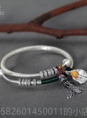 高档银手镯女99纯银复古实心流族苏古法宫铃吊坠民风古风推拢拉银