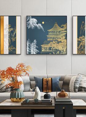 玉楼金阁 新中式客厅背景墙装饰古代建筑风景壁画国画山水三联画